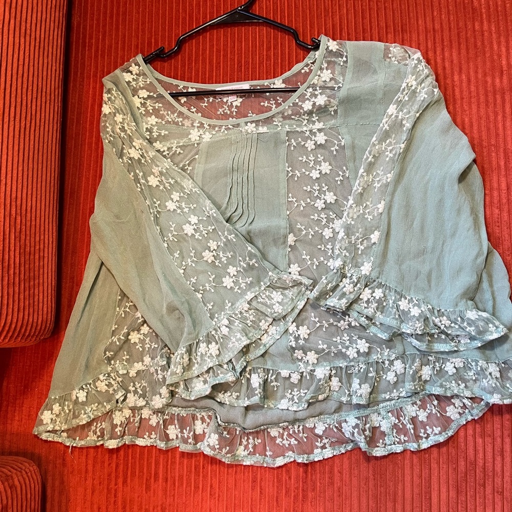 Cost Plus World Market Green Flutter Sleeve Blouse